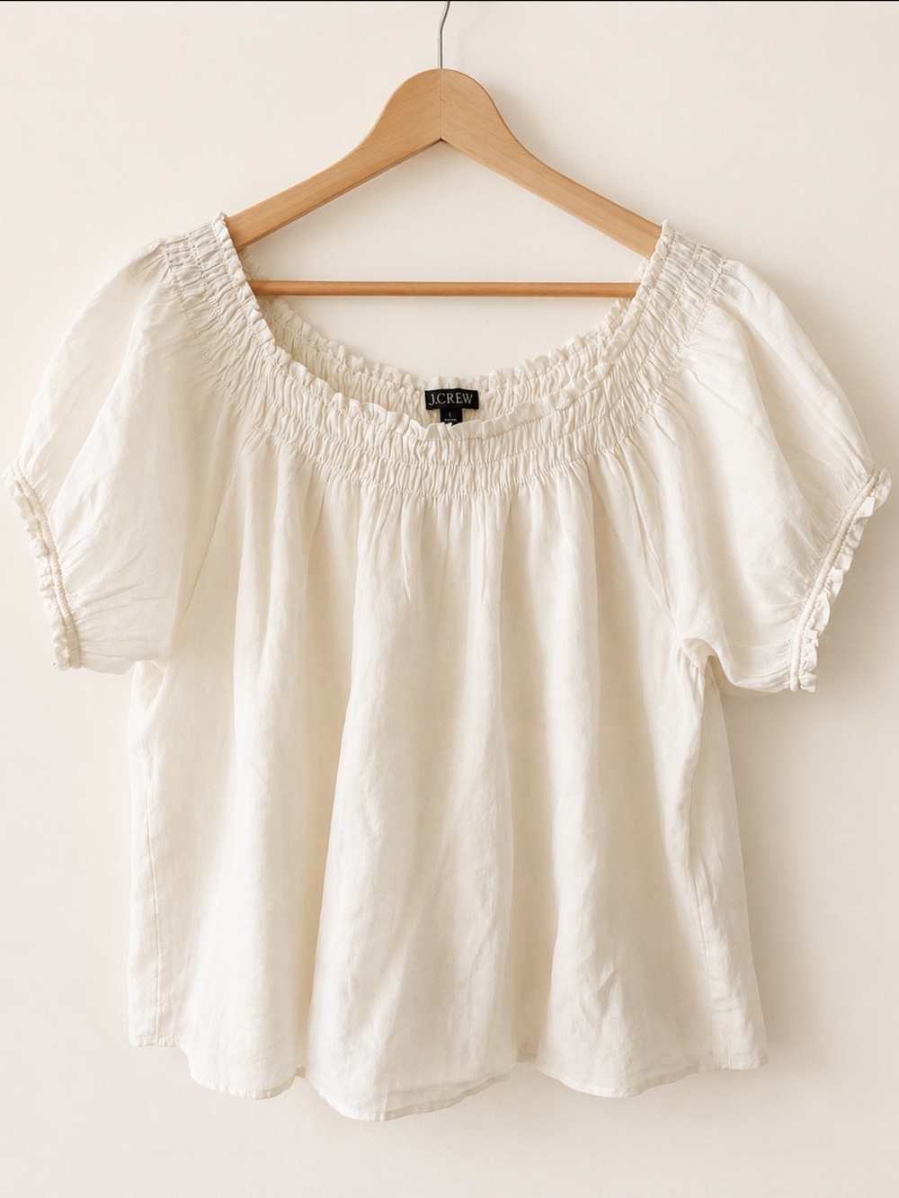 J. Crew Cream Smocked Off Shoulder Cotton Puff Sleeve Blouse S